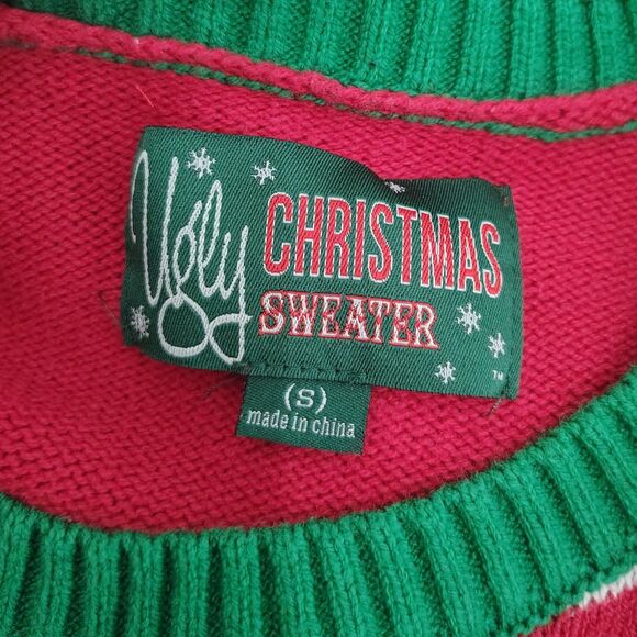 UGLY CHRISTMAS SWEATER Fireplace Scene SMALL Women's Red Green Holiday Crew Neck - Picture 3 of 4